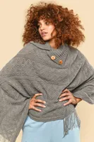 Grey Button Fringe Poncho