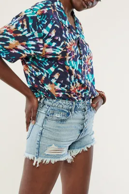Blue Frayed Mid Rise Jean Shorts