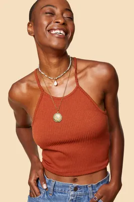 Rust Ribbed Halter Cropped Tank