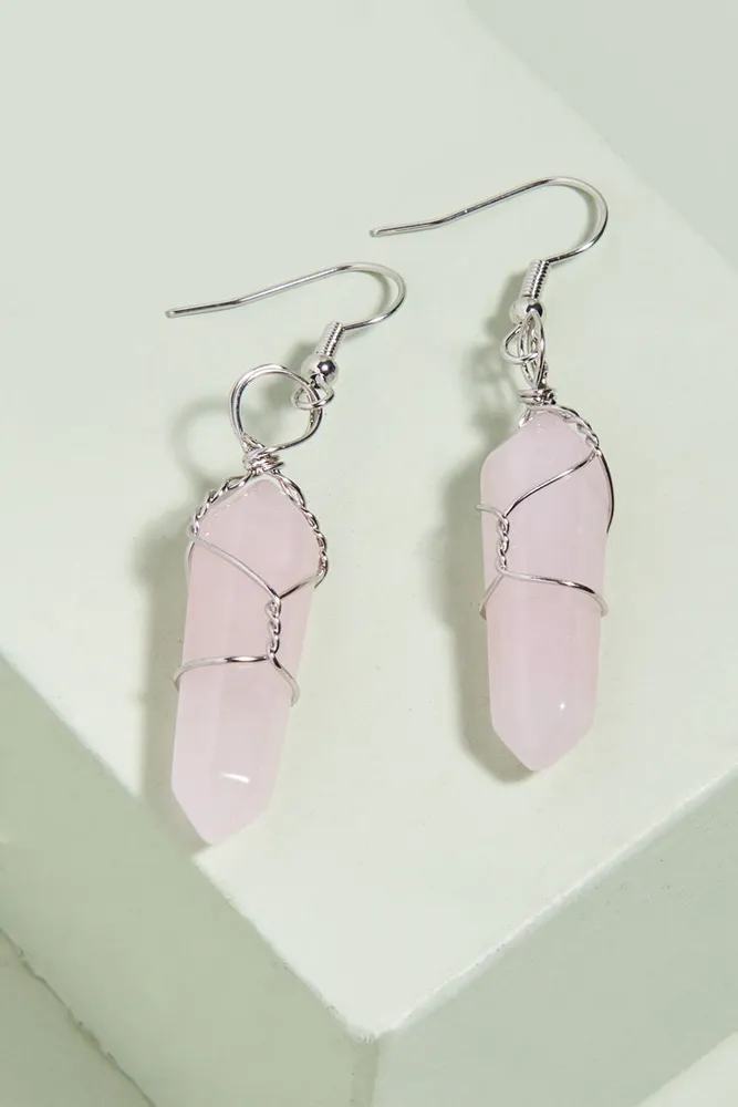 Silver Wire Wrapped Rose Quartz Earrings