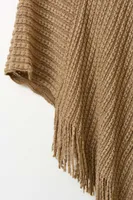 Brown Fringe Knit Hooded Poncho