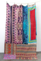 Orange and Blue Paisley Kantha Large Throw Blanket