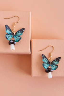 Glittery Blue Butterfly Mushroom Earrings