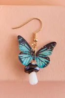 Glittery Blue Butterfly Mushroom Earrings