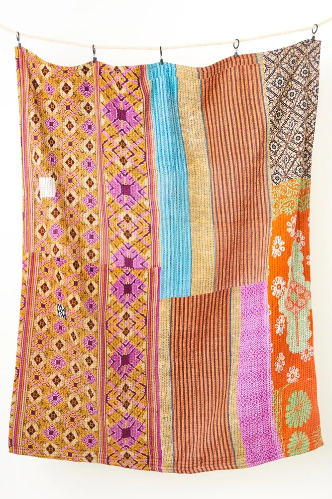 Bright Orange Striped Sherpa Kantha Throw Blanket