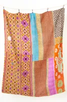 Bright Orange Striped Sherpa Kantha Throw Blanket