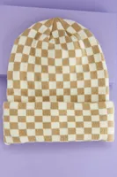 Brown Checkered Beanie Hat