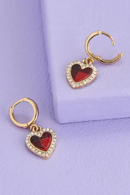 Gold Plaid Stone Heart Hoop Earrings