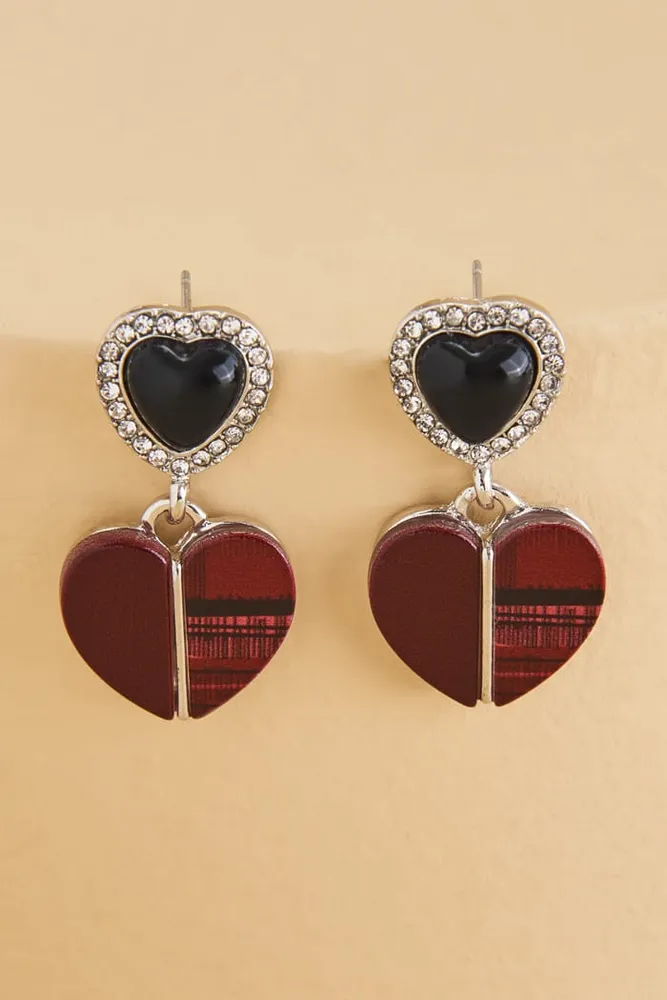 Black Plaid Stone Heart Earrings