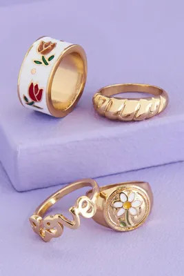 Flower Love Signet Ring Set