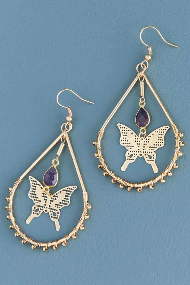 Amethyst Butterfly Teardrop Earrings