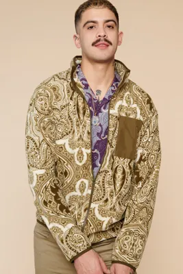 Olive Paisley Full-Zip Fleece Jacket