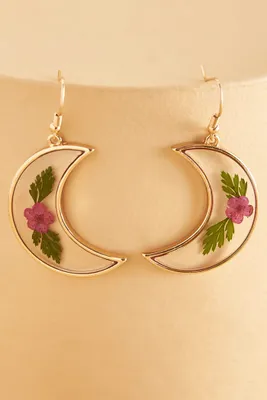 Pink Flowerpress Crescent Moon Earrings