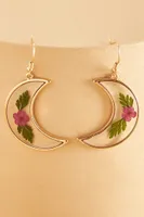 Pink Flowerpress Crescent Moon Earrings