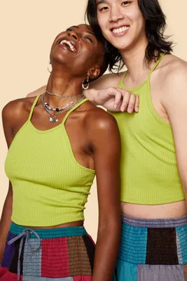 Chartreuse Ribbed Halter Cropped Tank