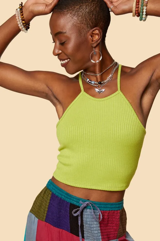 Olive Ribbed Halter Cropped Tank