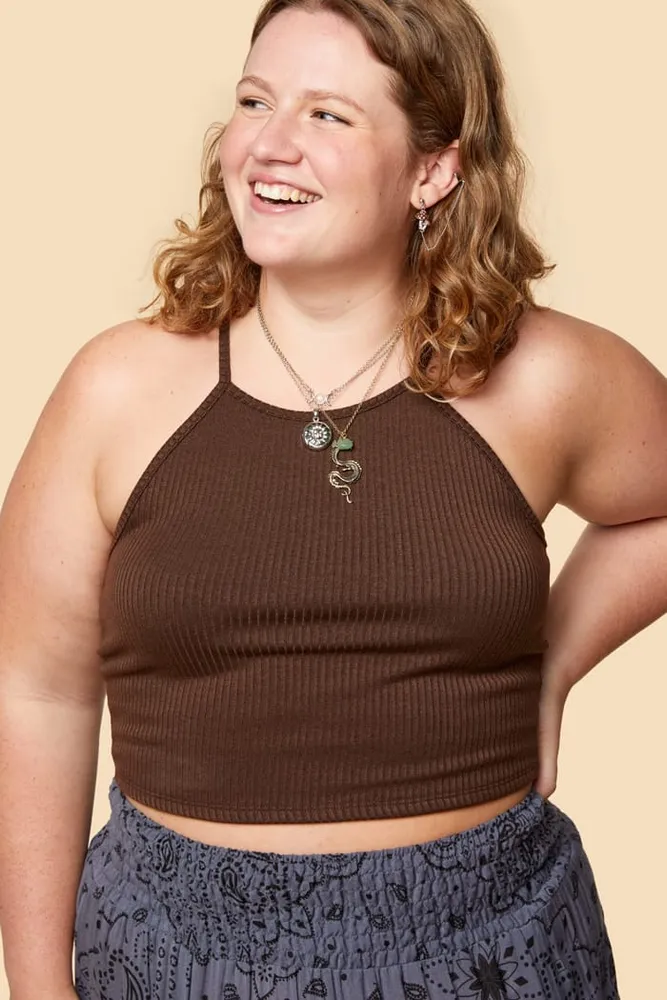 Mahogany Ribbed Halter Cropped Tank