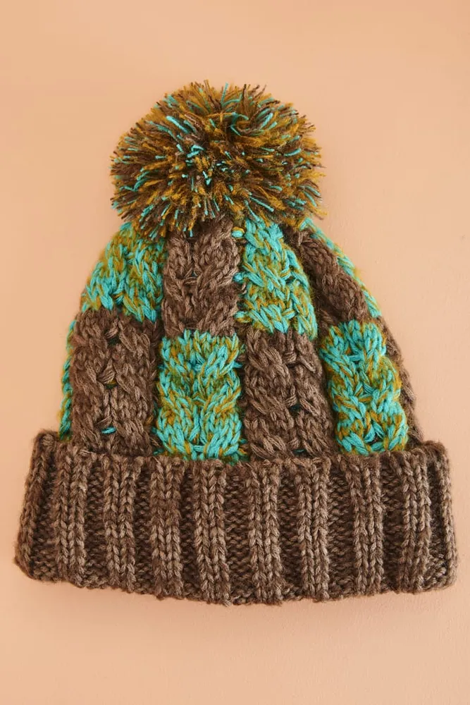 Multi Teal Checker Pom Beanie