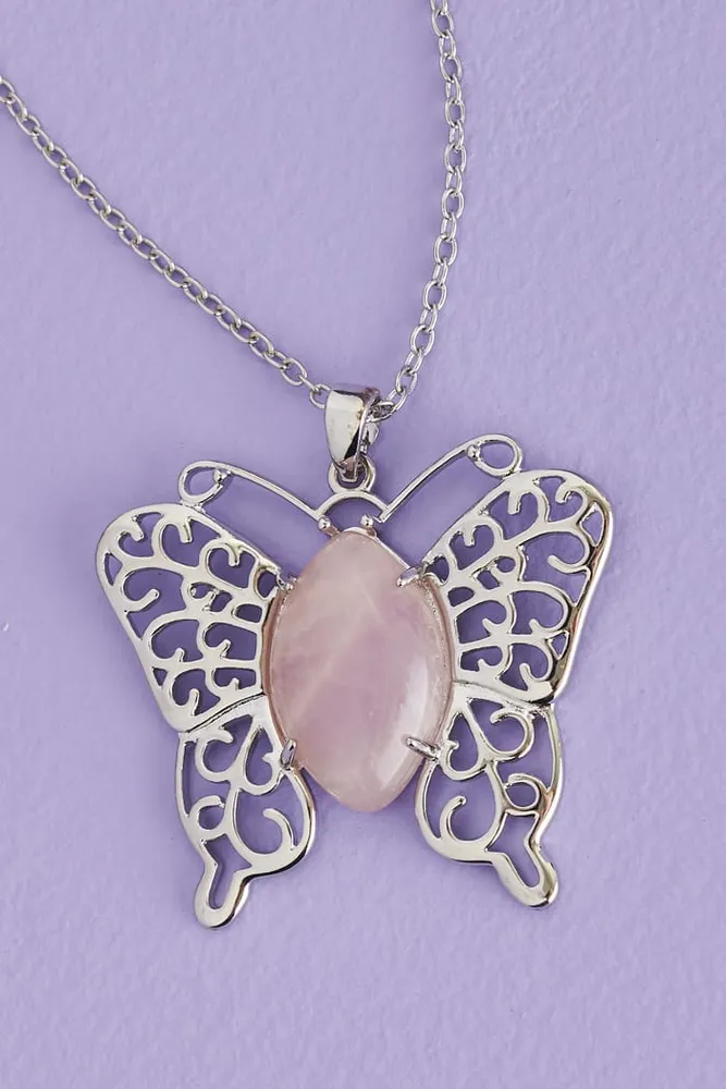 Rose Quartz Silver Butterfly Necklace