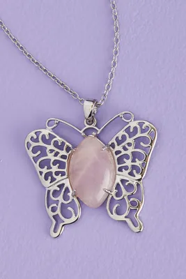 Rose Quartz Silver Butterfly Necklace