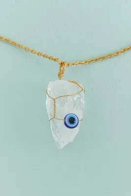 Wire Wrapped Clear Quartz and Evil Eye Necklace