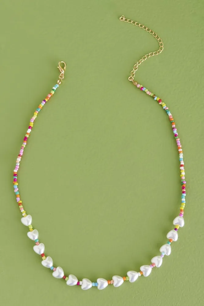 Rainbow Beaded Pearl Heart Necklace