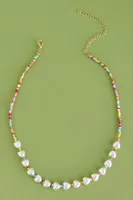 Rainbow Beaded Pearl Heart Necklace