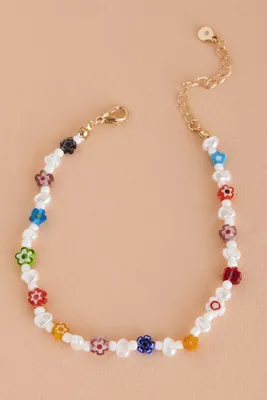 Mini Rainbow Flower and Faux Pearl Anklet