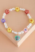 Flower and Peace Sign Faux Pearl Bracelet