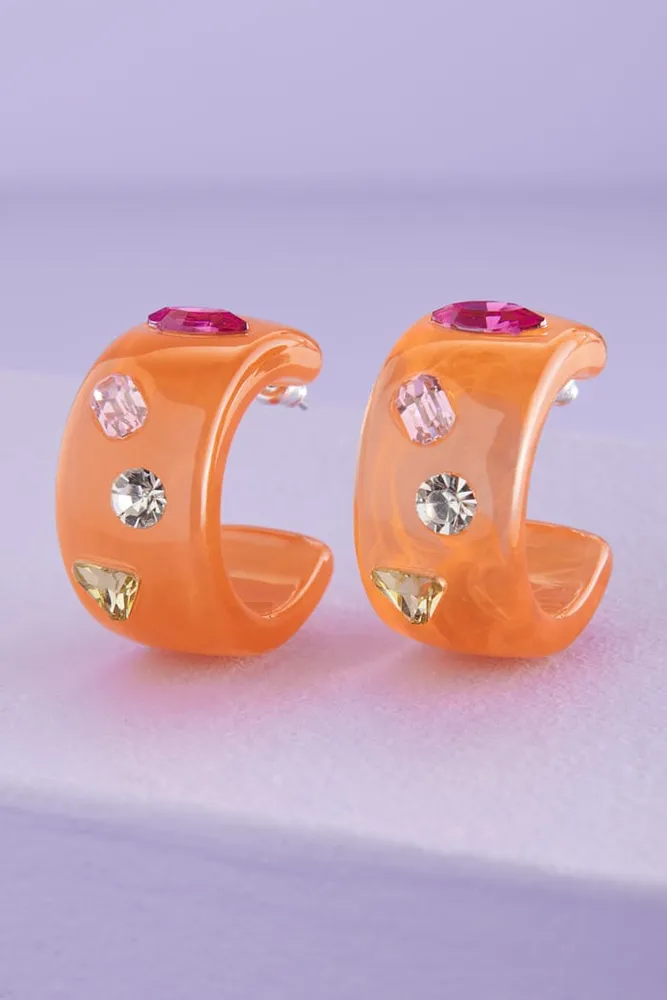 Orange Rhinestone Hoop Earrings