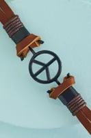 Brown Metal Peace Sign Leather Bracelet