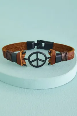Brown Metal Peace Sign Leather Bracelet
