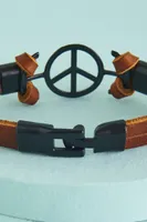 Brown Metal Peace Sign Leather Bracelet