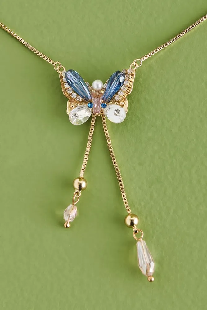 Blue Pearl Butterfly Lariat Necklace