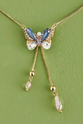 Blue Pearl Butterfly Lariat Necklace