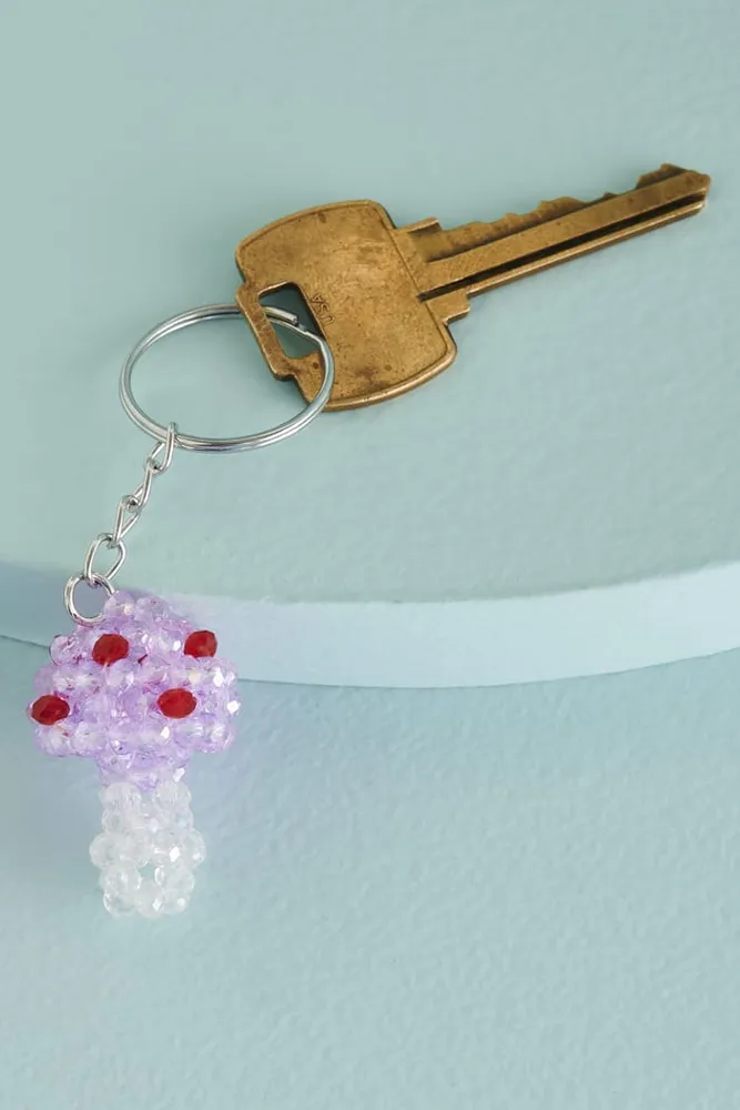 Pink Beaded Mushroom Keychain