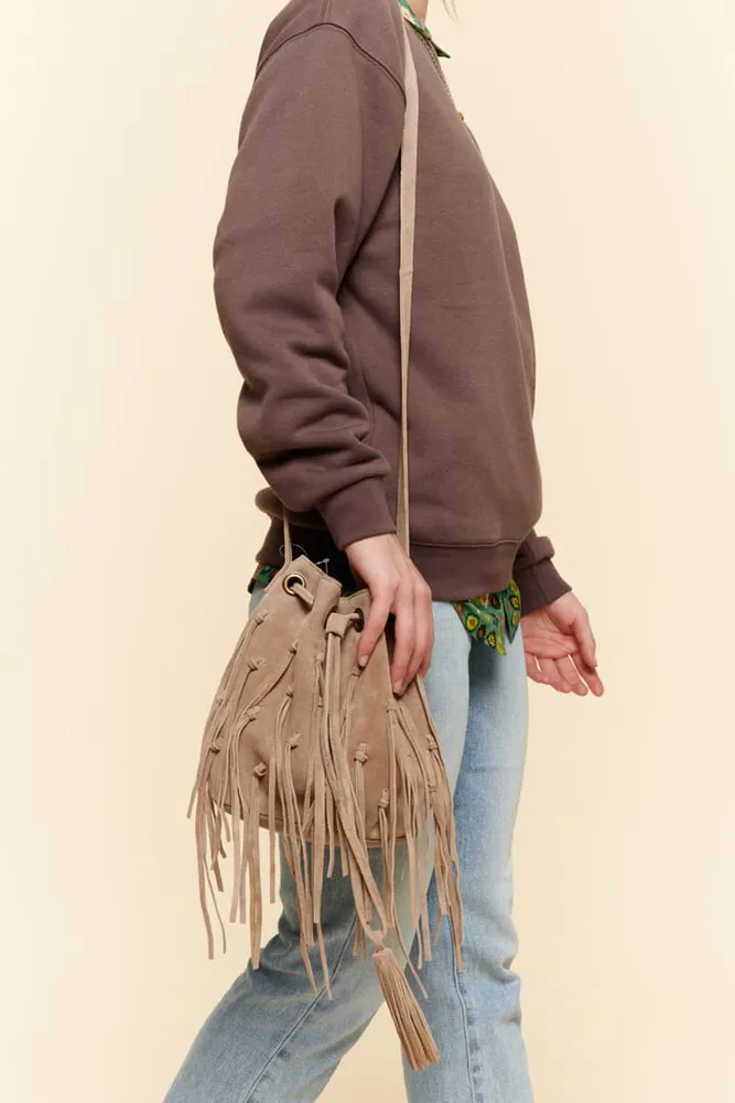 Grey Fringe Crossbody Bucket Bag