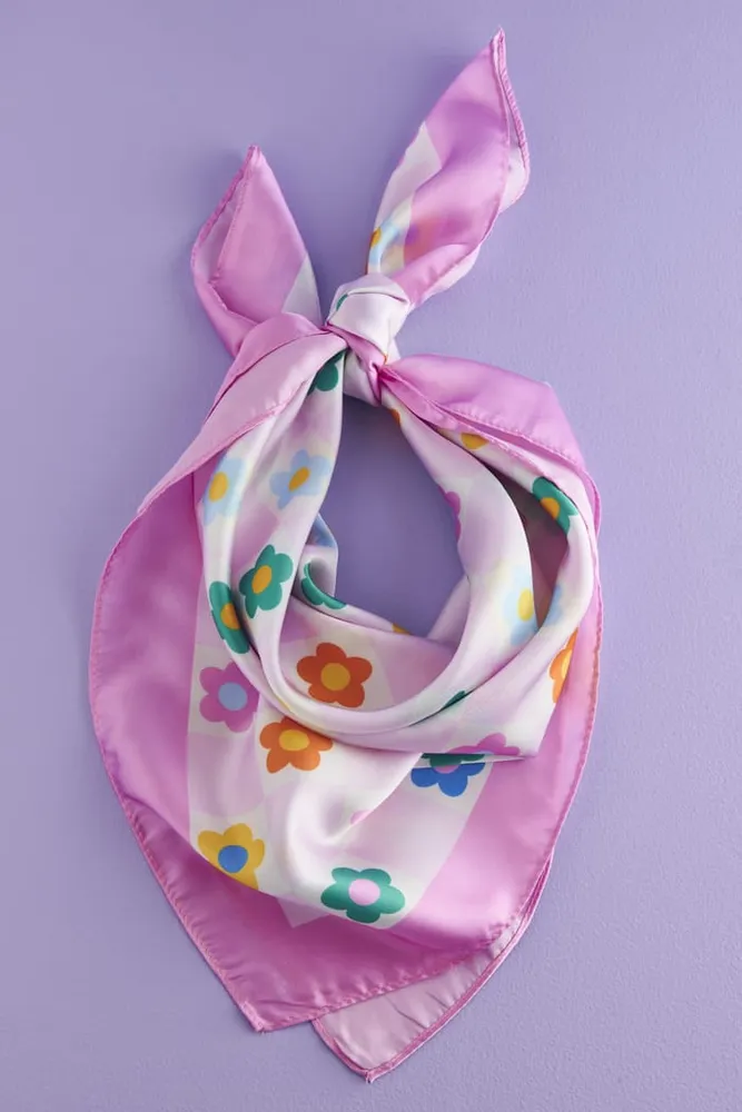 Pink Checkered Flower Bandana Scarf