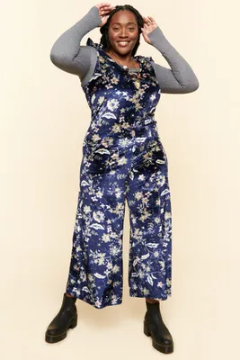 Blue Floral Velvet Overall Jumpsuit