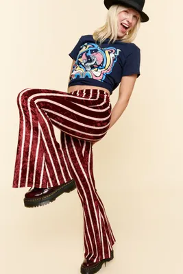 Maroon Velvet Striped Flare Pants