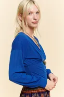 Blue Ribbed Plunge Neck Shirt