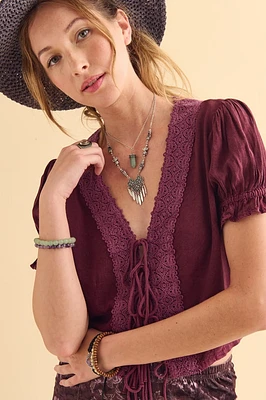 Berry Lace Tie Peasant Top