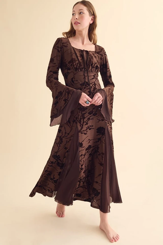 princess polly baby blue dress Sassa Floral Velvet Cowl Midi Dress Brown | Evening Dresses main image 1