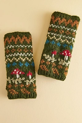 Green Mushroom Wool Fingerless Gloves