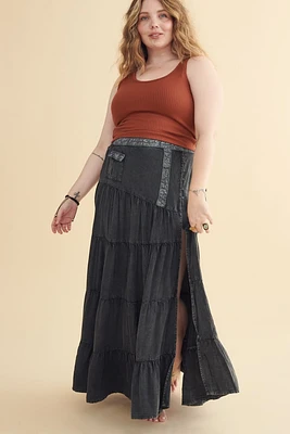 Vintage Grey Lace Slit Maxi Skirt