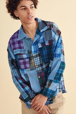 Blue Assorted Patchwork Plaid Button Down Shirt