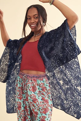 Navy Floral Velvet Burnout Shawl