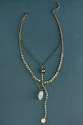 Gold Evil Eye and Stone Lariat Necklace