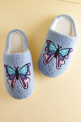 Fuzzy Blue Butterfly Slippers