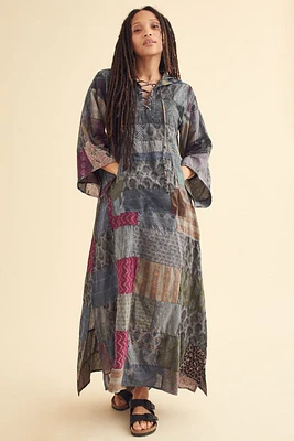 Blue Hooded Patchwork Maxi Dress